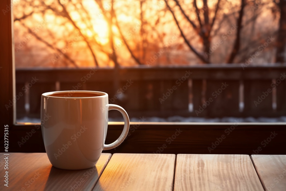 Obraz premium AI generated illustration of a white ceramic coffee mug on a wooden table