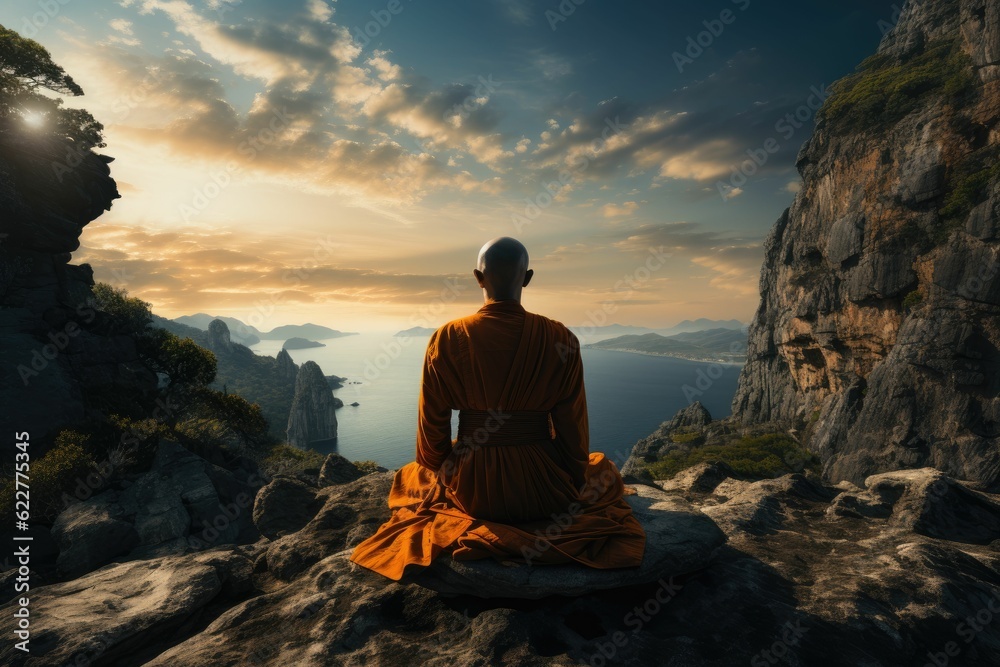 AI-generated illustration of a monk meditating on a mountain with a scenic sea view during sunset