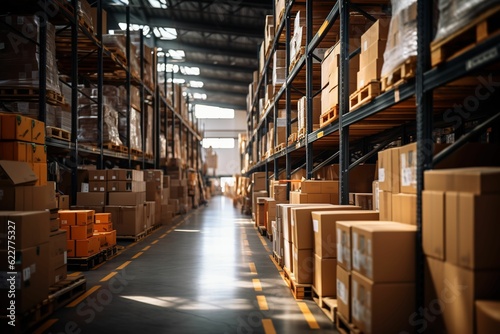 Large stack of cardboard boxes in a spacious indoor warehouse environment, AI-generated.