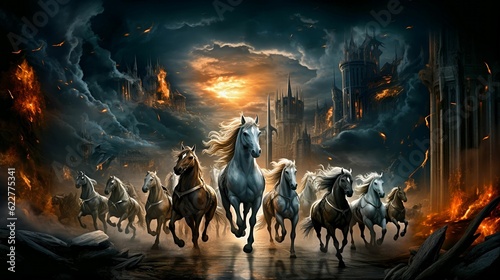 AI generated illustration of the horses running in the dark through fire and clouds at night