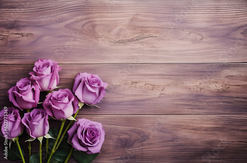 purple rose composition on wooden tabletop Generative AI