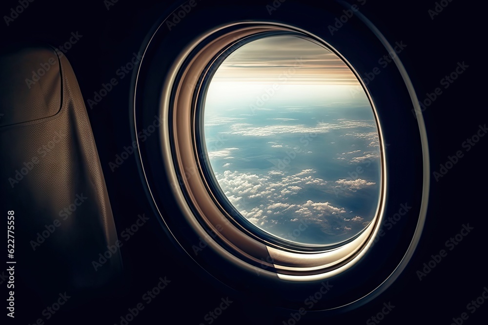 AI-generated illustration of clouds visible through an airplane window AI-generated illustration of clouds visible through an airplane window