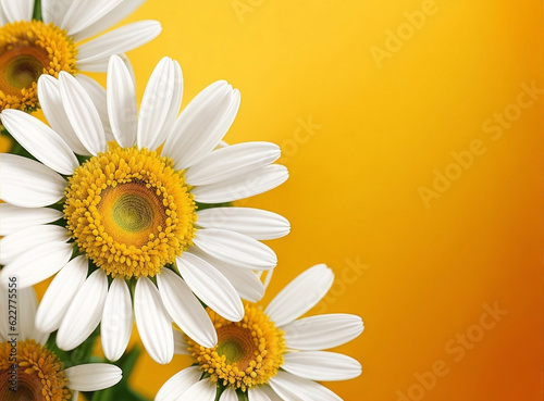 White daisies and garden flowers on a light orange background. The flowers are arranged side  empty space left on the other side.