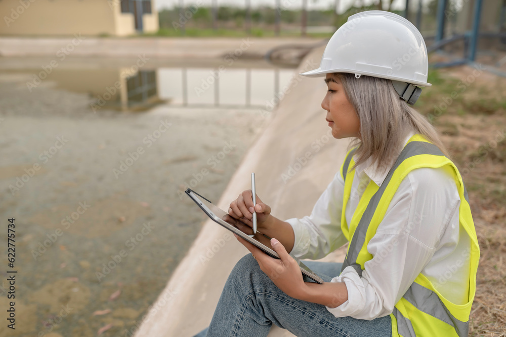 Environmental engineers work at wastewater treatment plants,Water supply engineering working at Water recycling plant for reuse,Technicians and engineers discuss work together.