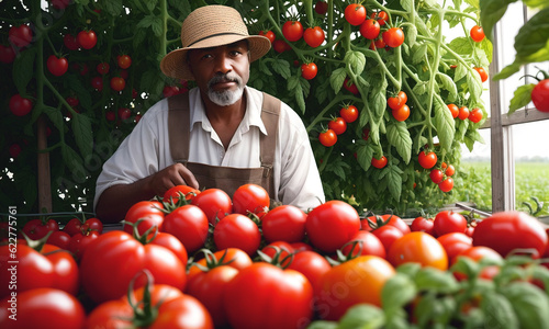 African american man farmer with container harvest of tomatoes in greenhouse. Concept of horticulture, agriculture and organic products. Generative AI.