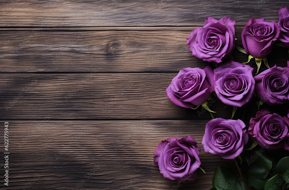 purple rose composition on wooden tabletop Generative AI purple rose composition on wooden tabletop Generative AI