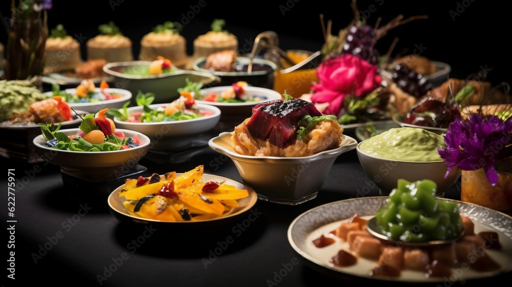 AI generated illustration of a table with a variety of different dishes AI generated illustration of a table with a variety of different dishes