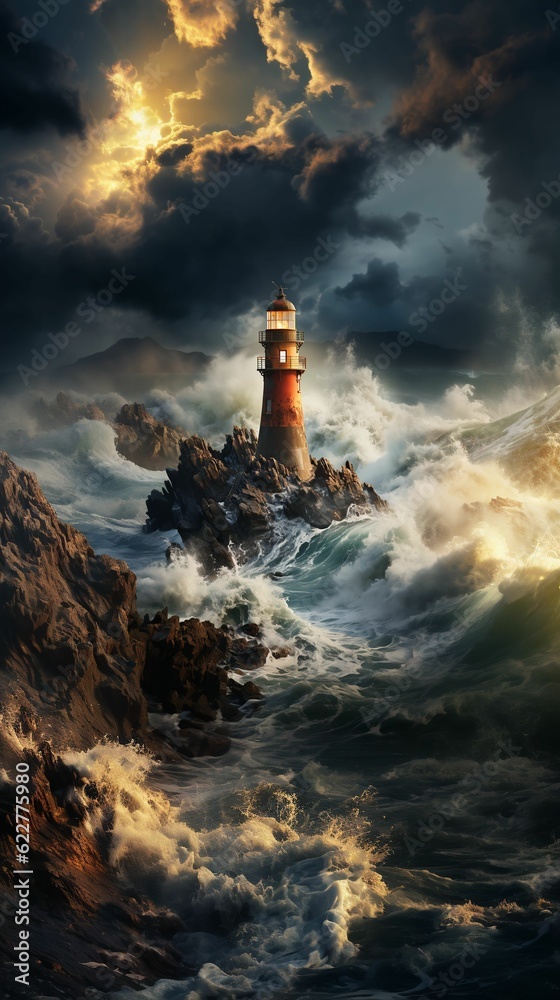 AI generated illustration of a powerful lighthouse standing tall against the tumultuous waves of sea