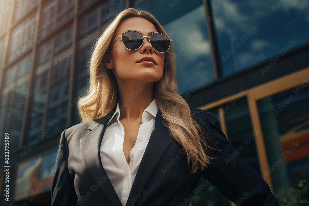AI generated illustration of a portrait of a businesswoman in glasses standing against a building