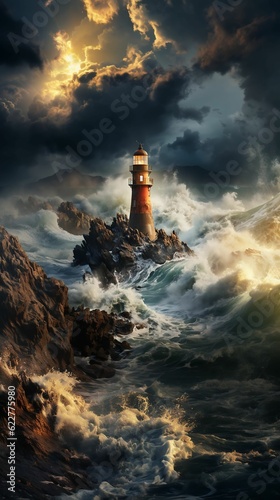 AI generated illustration of a powerful lighthouse standing tall against the tumultuous waves of sea