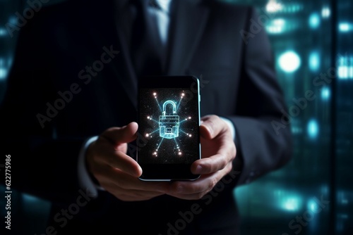 Wallpaper Mural AI generated illustration of a businessman holding up a smartphone with a digital lock on the screen Torontodigital.ca
