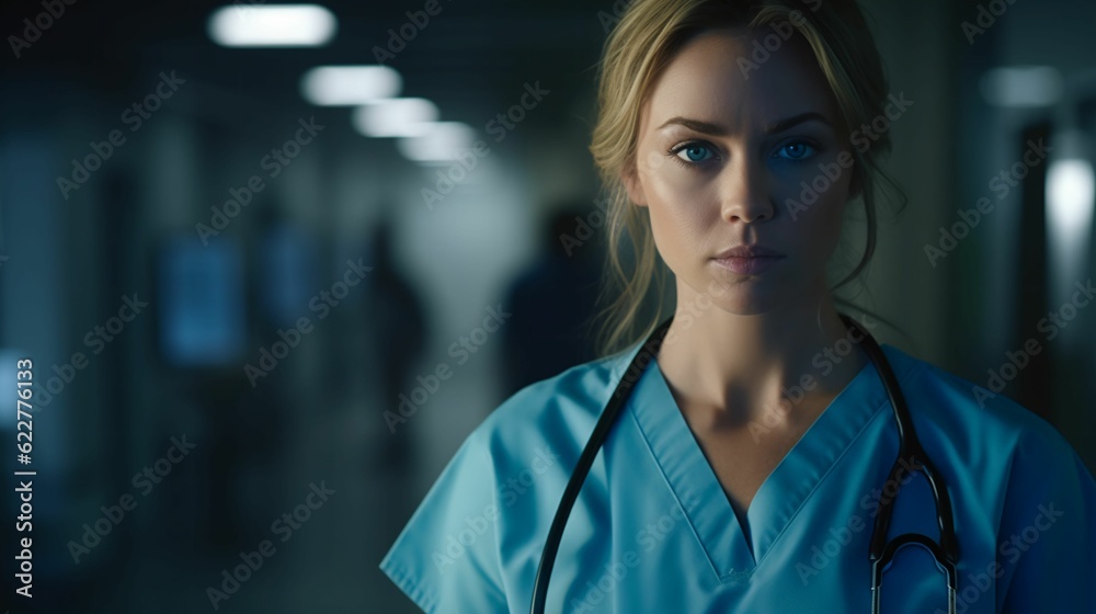 Female doctor in a blue shirt and stethoscope in a hospital. Ai generated Female doctor in a blue shirt and stethoscope in a hospital. Ai generated