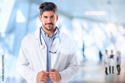 Portrait of confident mature doctor wearing lab coat and stethoscope and standing at the clinic