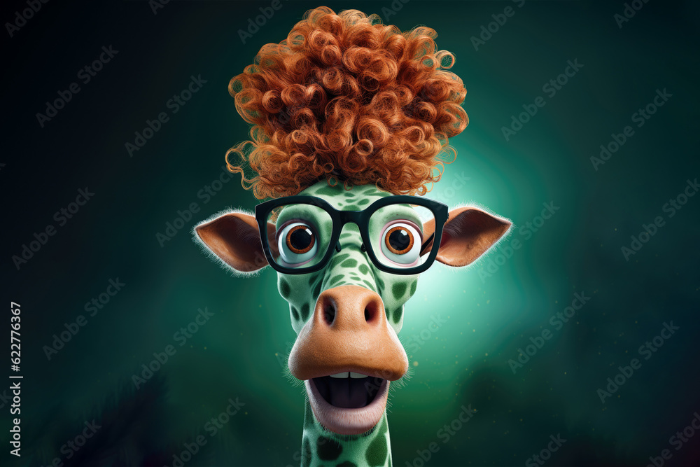 Funny colorful giraffe with glasses isolated on green background. Quirky face of animal with ginger hair. Playful, surprised mood. 