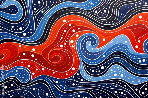 Abstract brightly colored aboriginal painting in red and blue. Wavy lines and organic shapes.