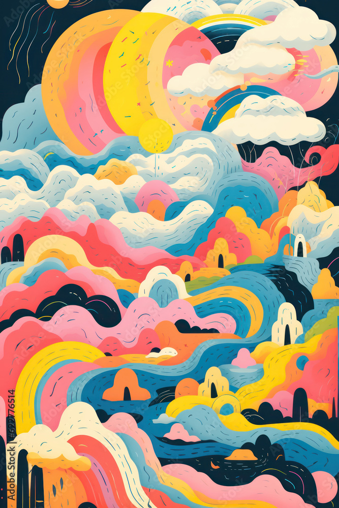 Hand drawn abstract graphic illustration with dreamy clouds, moon, church, rainbow and sun in vintage style on dark background. Abstract watercolor background with clouds.