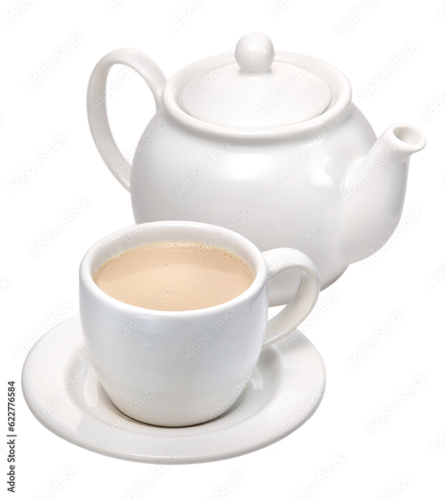 composição com bule de porcelana branca acompanhado de xícara de café com leite isolado em fundo transparente composição com bule de porcelana branca acompanhado de xícara de café com leite isolado em fundo transparente