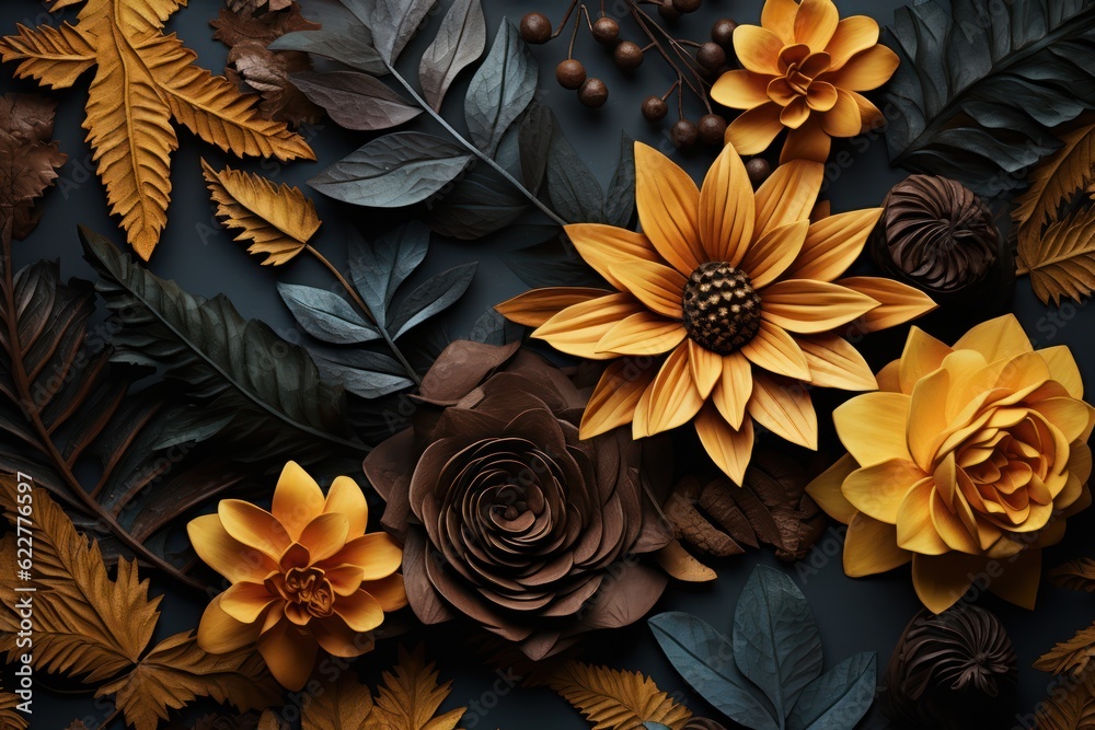 Dark autumn flowers composition. Flat lay, top view.
