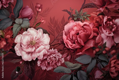 Beautiful floral background with chrysanthemums and peonies in a dark colors. Vintage style.