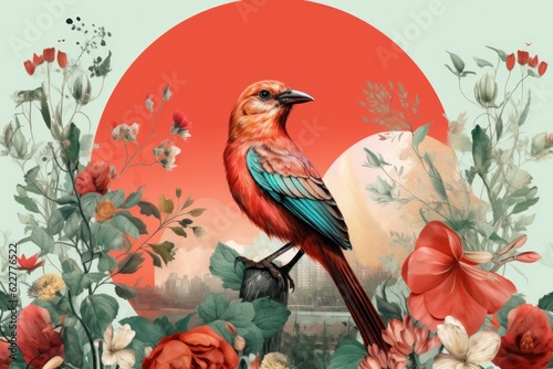 Vintage illustration with bird on the background of a city and flowers. Light red and emerald colors. © Yuliya Kashirina
