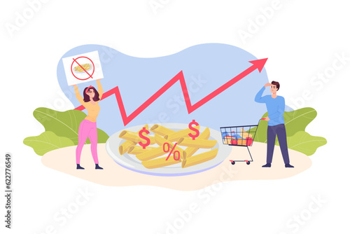 Woman boycotting pasta due to price increase vector illustration. Cartoon drawing of girl with sign, customer with shopping cart, huge plate of macaroni, growing cost. Inflation, food, strike concept