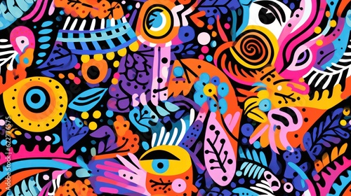 Psychedelic doodle seamless pattern. Abstract hand-drawn background. Bold colors.