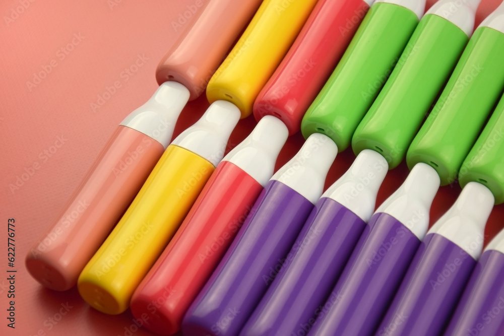 Set of multicolor disposable electronic cigarettes on a red background. Set of multicolor disposable electronic cigarettes on a red background.
