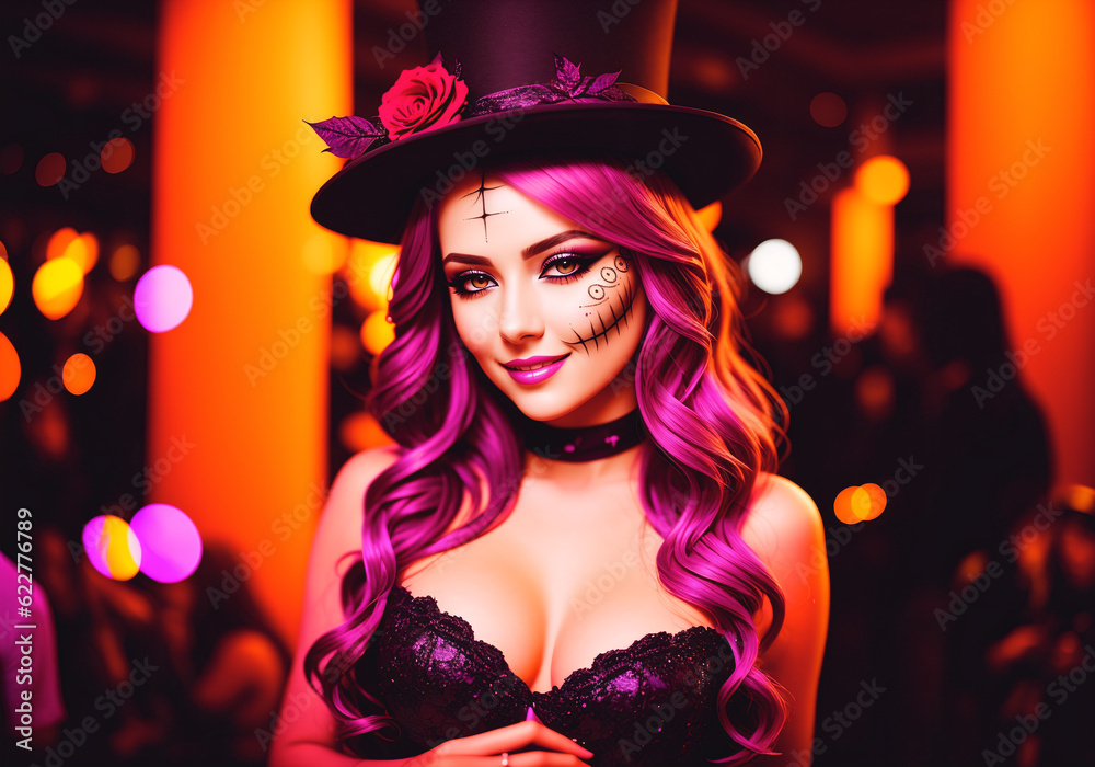 A beautiful girl at a party in a nightclub in honor of Halloween. A woman at a costume party. Generative AI A beautiful girl at a party in a nightclub in honor of Halloween. A woman at a costume party. Generative AI