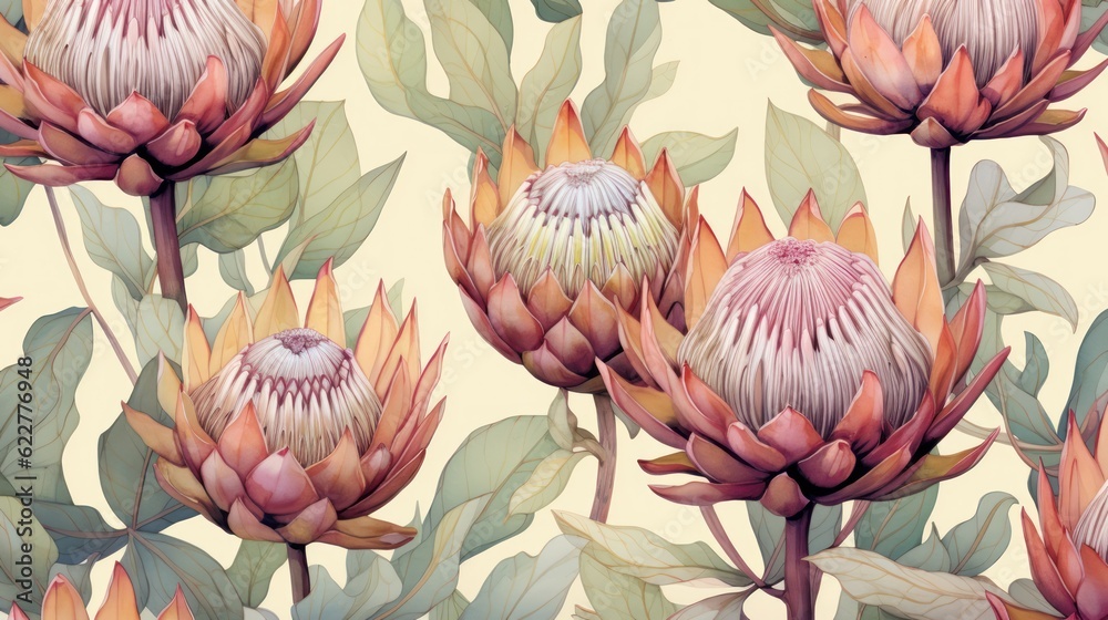 Fototapeta premium Seamless pattern with protea flowers. Watercolor illustration. Vintage style.