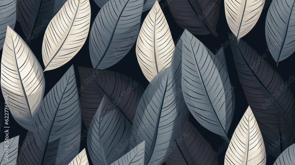 Pattern with abstract leaves on a dark background. Illustration in retro style. Monochrome colors.
