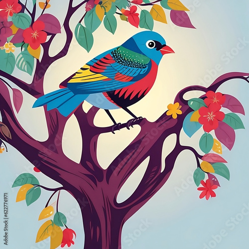 a colorful bird in a tree , vector art