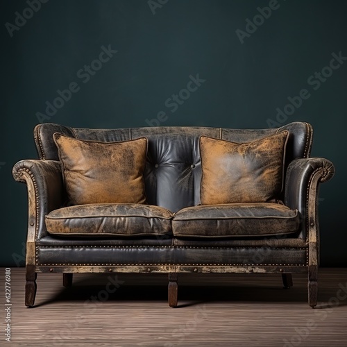 antique sofa against a black background, old and rustic, ai generated