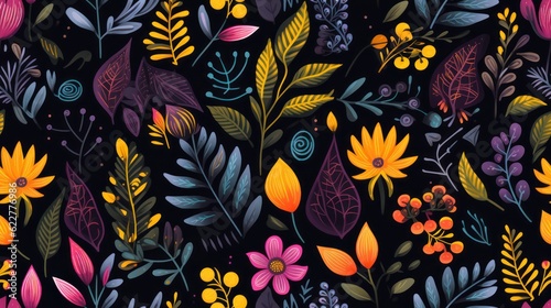 Dark pattern with flowers and leaves. Abstract floral background.