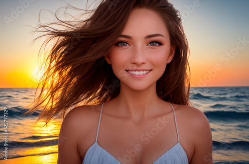 A beautiful girl in a swimsuit poses against the background of the ocean at sunset. Generative AI.