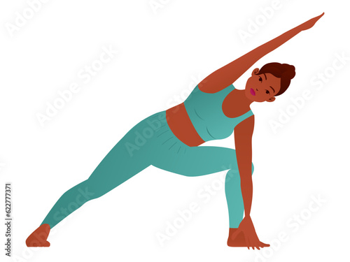Woman standing in the Extended Side Angle yoga Pose or Utthita Parsvakonasana, Flat vector illustration isolated on white background
