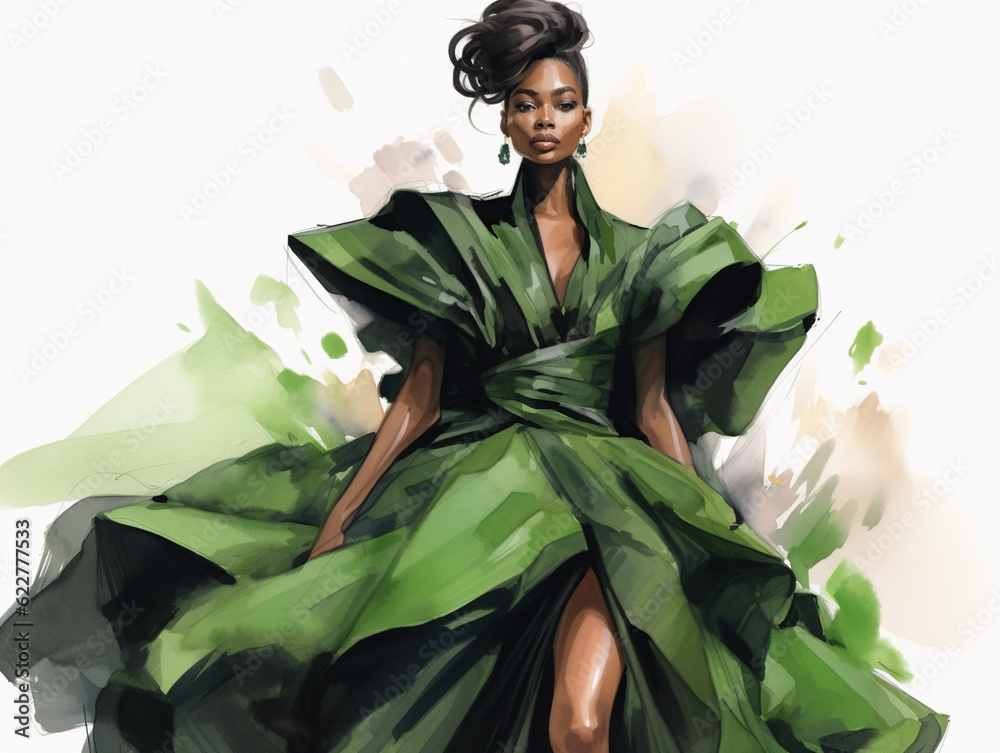 Fototapeta premium Beautiful fashionable young black woman in green haute couture dress, fashion sketch illustration style