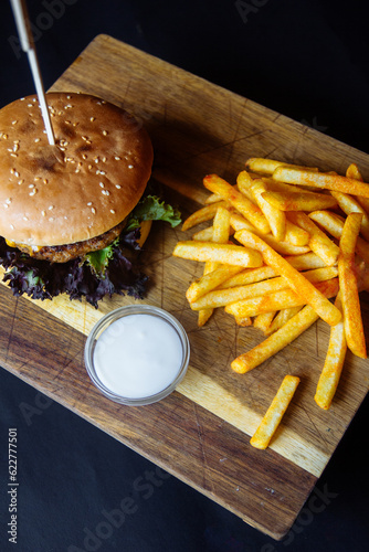 delicious juicy burger and fries