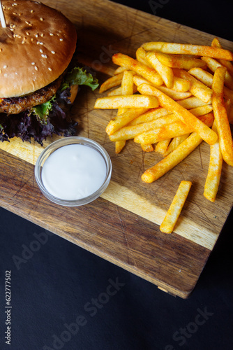 delicious juicy burger and fries