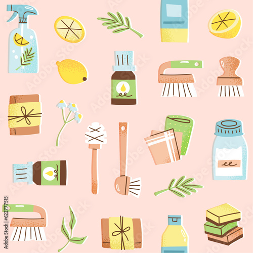 Eco-friendly cleaning products seamless pattern. Vector illustration of homemade green cleaner ingredients. Zero waste housekeeping concept. Flat hand drawn style.
