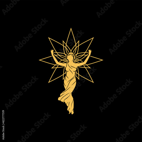 Ancient greek woman with star and moon vector illustration logo