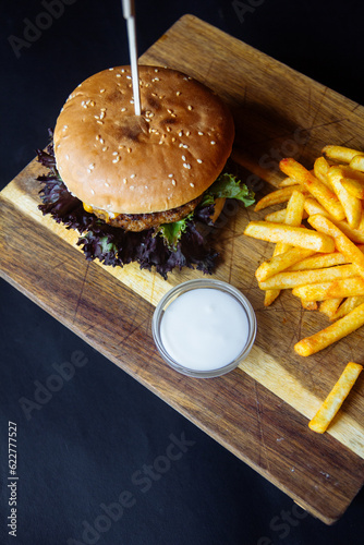 delicious juicy burger and fries