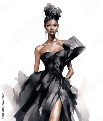 Beautiful fashionable young black woman in haute couture gown, fashion sketch illustration style