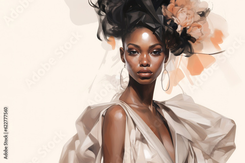 Beautiful fashionable young black woman in evening gown, fashion sketch illustration style