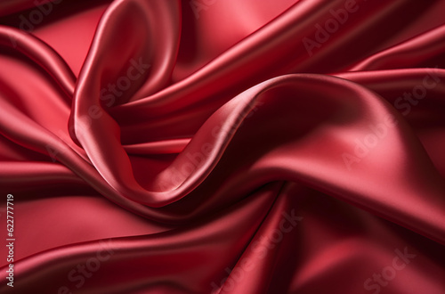 Red silk fabric stretched out in a close-up view.
