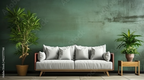 Weißes Sofa vor einer wald-grünen Betonwand in einem modernen Wohnzimmer mit Topfpflanzen, Generative AI © Jennifer