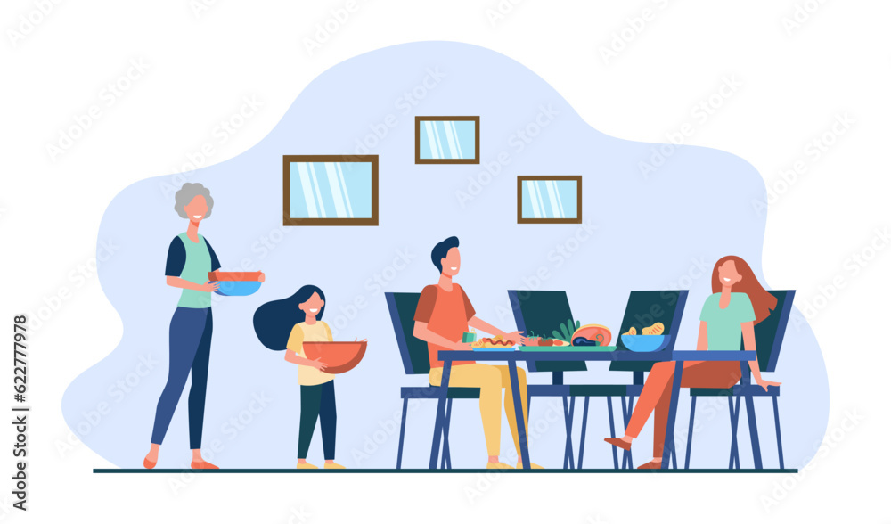 Happy family preparing for dinner vector illustration. Grandmother and daughter setting table while parents talking. Family reunion, intergenerational connections concept