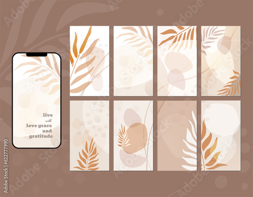 Social media story layout in shades of grey, brown, beige and tan. Abstract shapes, tropical leaves, palm leaves, spots, lines, checkered pattern. Place for icons, messages, text placement.
