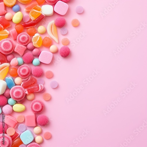 Candies and orange on the side with pink background