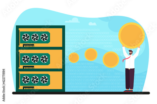 Businessman mining cryptocurrency online vector illustration. Investor putting coins in computer or server farm and getting profit. Digital currency, stock market and trading concept