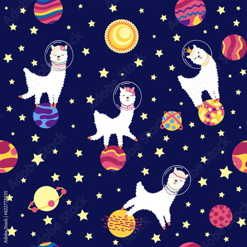 Seamless pattern with lama in a rocket, in space. Lama travels, adventures among the stars. Cute pattern with alpaca